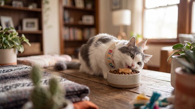 A white-and-gray cat wearing a birthday sash and tiny hat nuzzles a gourmet kibble bowl topped with a treat, perfect for cheerful pet brand social media