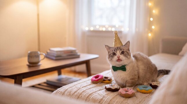 A munchkin cat in a glitter party hat and bow sticks its tongue out by mini pet donuts on a cushion, great for whimsical holiday pet care advertising visuals