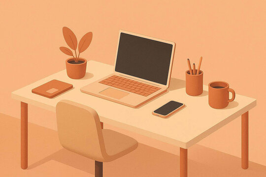 Cozy Isometric Minimalist Workspace with Laptop and Plant