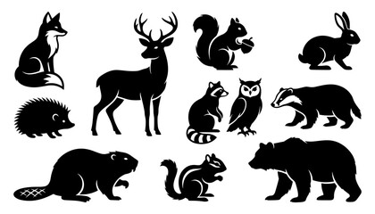 Fototapeta premium Animals Including Fox, Deer, Squirrels, Rabbit, Hedgehog, Raccoon, Owl, Badger, Beaver, Chipmunk, and Bear