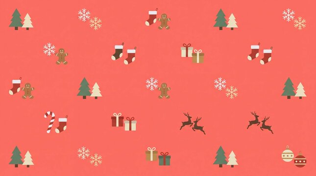 Clean Christmas holiday winter background features tree snowflake ornament gift reindeer gingerbread paired pattern for Christmas cards and seasonal marketing