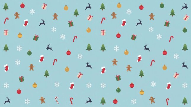 Clean Christmas holiday winter background features tree snowflake ornament gift reindeer gingerbread sparse pattern for Christmas cards and seasonal marketing