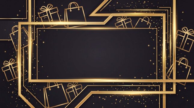 Black Friday professional background features layered golden geometric frames sparkle dots and shopping bag gift box motifs with copy space