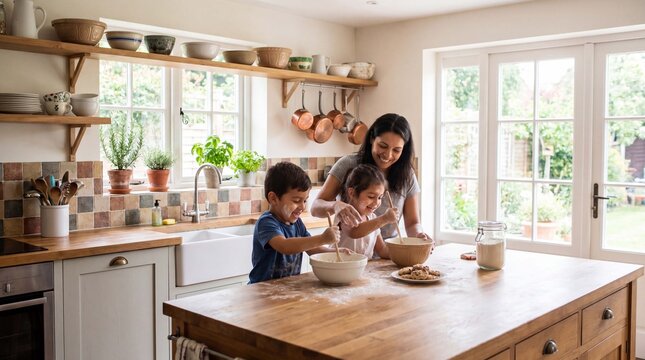 Happy family is baking cookies together in sunny kitchen during summer vacation at home