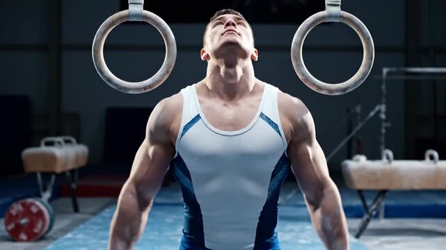 A muscular male athlete focuses intently before performing a challenging maneuver on the gymnastic still rings within a training facility to showcase his physical power and endurance during
