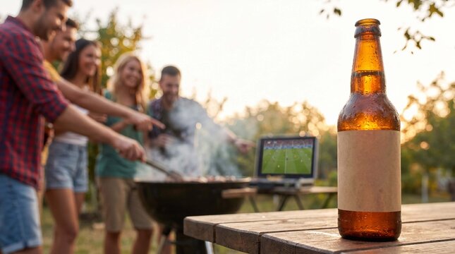 Cold craft beer bottle stands on an outdoor table at a sunset sports barbecue party with friends