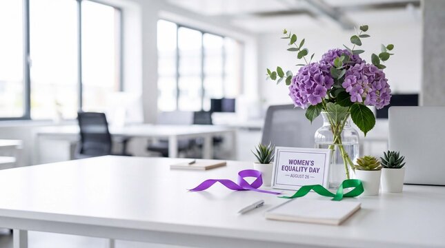 Women's equality day office desk is decorated with flowers for workplace celebration event