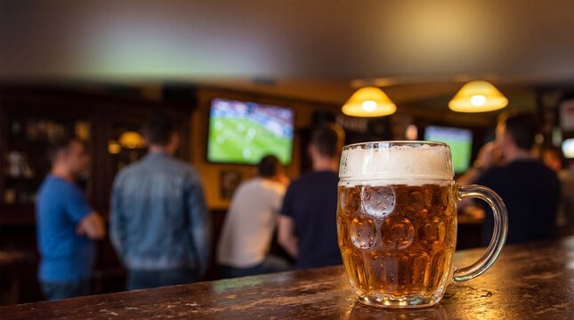 Frothy amber ale fills a dimpled beer mug on a bar counter while patrons watch sports on screens