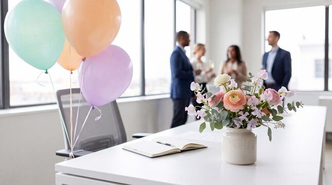 Women's equality day celebration balloons and flowers are on clean modern office desk