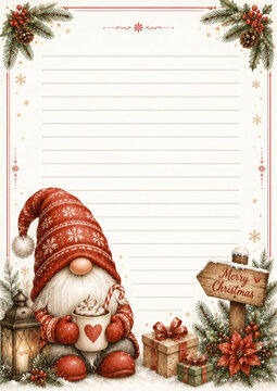 Cute Christmas gnome with red hat holding hot chocolate, surrounded by festive gifts, lantern, and decorations. Blank lined paper for holiday letter or wish list.