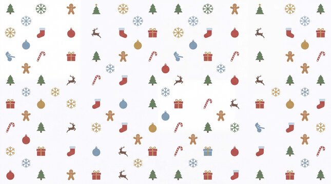 Clean Christmas holiday winter background features tree snowflake ornament gift reindeer gingerbread scattered pattern for Christmas cards and seasonal marketing