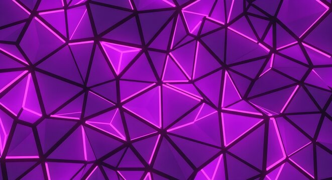 Abstract purple geometric background. Digital 3D low poly texture with glowing neon lines.