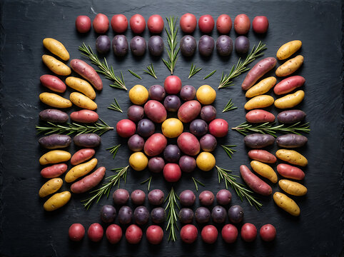 Top view of colorful raw potatoes and fresh rosemary arranged in a geometric pattern on a dark slate background.
