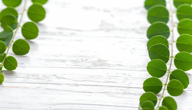 Fresh Green Leaves Weathered Wooden Surface