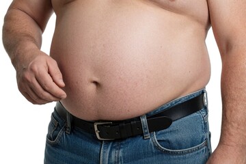 Naklejka premium Overweight man shows big belly in blue jeans. Adult male body with excess fat around waist poses on white background. Person touches abdomen skin concept of weight loss diet health care fitness