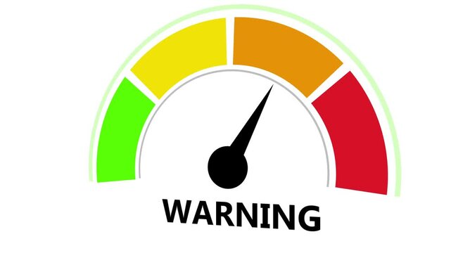 Animated warning gauge meter moving from green to red indicating risk, danger level, critical system status, performance monitoring, business crisis alert, and escalating threat visualization