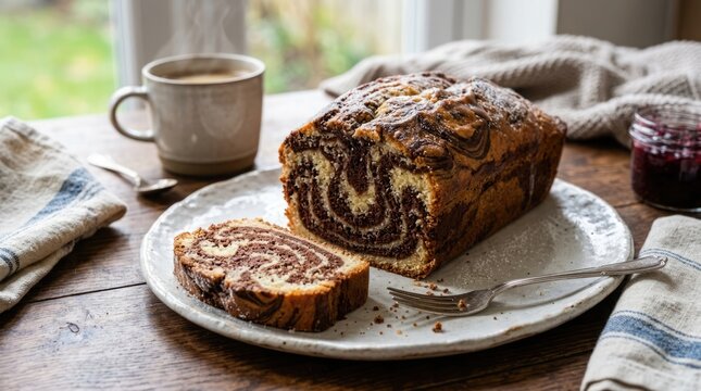 Freshly baked marble loaf cake with chocolate swirl on a rustic table