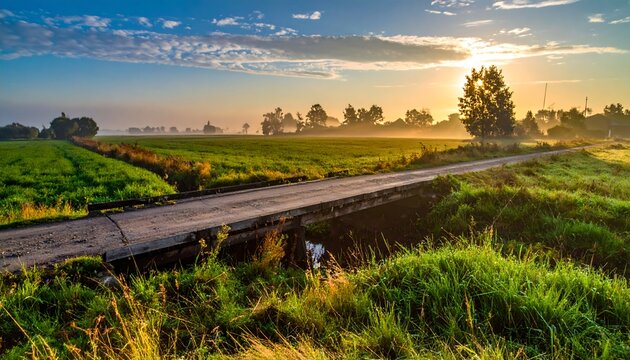 Sunrise Over Quiet Rural Bridge