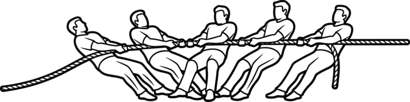 Tug of war team pulling rope during outdoor physical competition black and white line art graphic