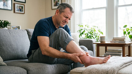 Fototapeta premium Man sitting on couch holding swollen painful ankle in living room 