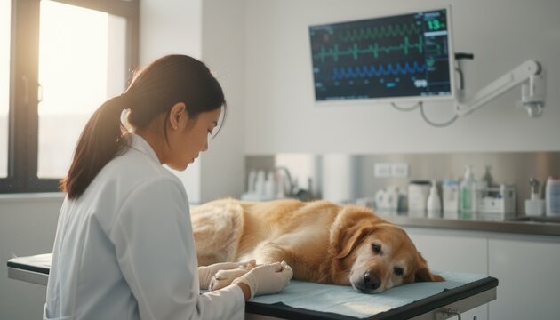 Professional veterinary technician gently examining the paw of a calm senior dog within a modern sterile clinical environment