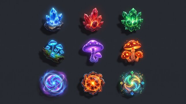 Features a neat matrix array of rare magical components: glowing glowing mushrooms, crystalline ores, and floating multi-colored plasma matrix orbs representing boundless mana