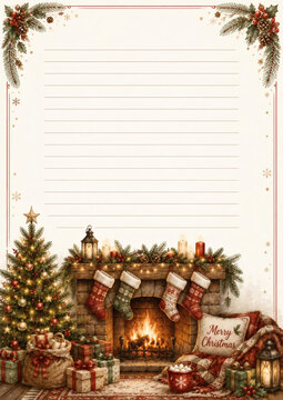 Cozy Christmas letter template with fireplace, decorated tree, stockings, gifts, and festive border. Perfect for holiday greetings, wish lists or invitations.