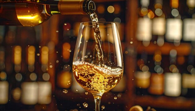 Golden wine pours into elegant glass capturing splash and bubbles with dark blurred shelf background featuring many wine bottles