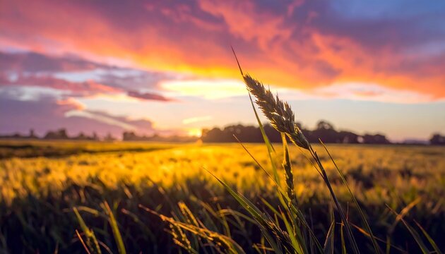 Sunset Over Tall Grass Field with Vibrant Sky
