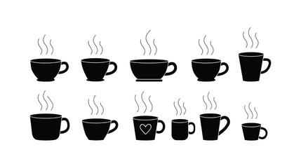 Fototapeta premium Coffee vector icon set with various steaming beverage