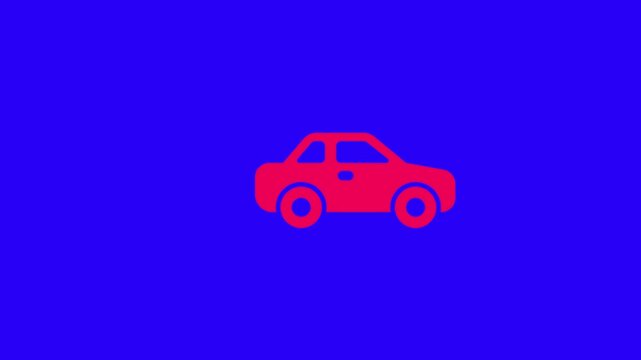 Minimalist pink car animation moving across blue background, simple flat motion automobile vehicle motion flat minimalist
