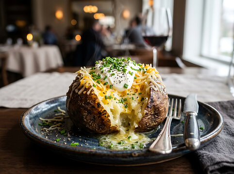 Delicious baked potato topped with melted cheddar cheese, sour cream, and fresh chives served in a restaurant.