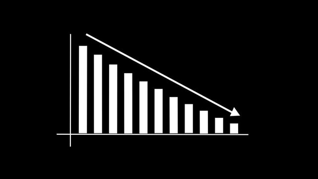 Animated declining bar chart graph with downward trend arrow illustrating financial loss, economic recession, market crash, sales decline, and negative business performance metrics on black background