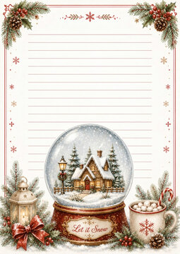 Festive Christmas stationery with a snow globe, cottage, lantern, and cup of cocoa. Vintage holiday letter paper with pinecones, holly, and winter decorations.
