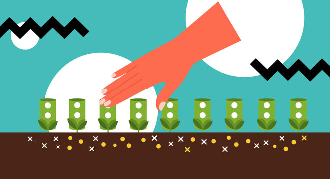 Human hand planting green sapling sprouts in brown soil during sunrise