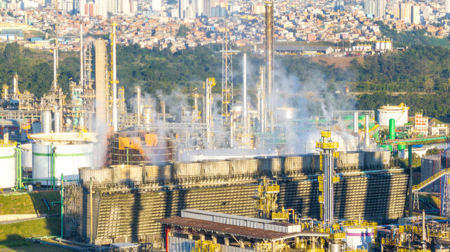 Aerial view of the petrochemical complex with cooling towers and industrial infrastructure in Santo Andre, State of Sao Paulo, Brazil.