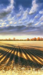 Obraz premium Golden Hour Serenity Vast Field Landscape Watercolor Illustration Rural Tranquility Autumn Hues