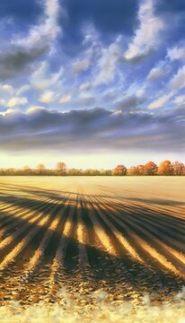 Golden Hour Serenity Vast Field Landscape Watercolor Illustration Rural Tranquility Autumn Hues