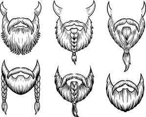 Conjunto de estilos de barba vikinga y bigotes dibujados a mano para personajes y barbería © Rifat