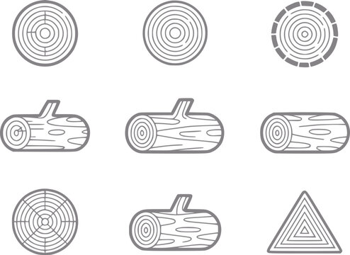 Una colecci&oacute;n de varios troncos de madera y patrones de secci&oacute;n transversal mostrados en un conjunto de estilo de l&iacute;nea simple