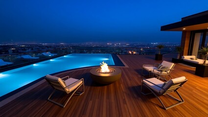Fototapeta premium Luxury rooftop terrace with infinity pool, teak wood deck, modern fire pit, designer lounge chairs, nighttime ambient lighting, cinematic angle