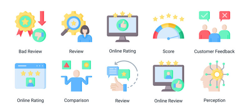 Comprehensive Reviews Feedback icon set featuring online ratings, customer reviews, score analysis, perception tracking, and feedback management concepts.