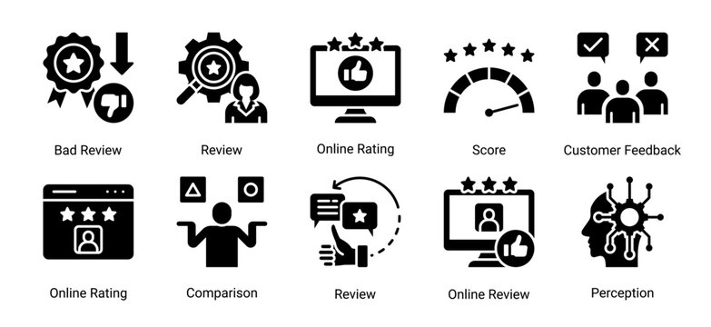 Comprehensive Reviews Feedback icon set featuring online ratings, customer reviews, score analysis, perception tracking, and feedback management concepts.
