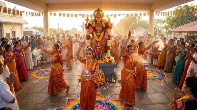 Devotees performing traditional dance for Goddess Durga idol at puja festival