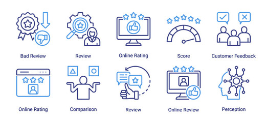 Fototapeta premium Comprehensive Reviews Feedback icon set featuring online ratings, customer reviews, score analysis, perception tracking, and feedback management concepts.