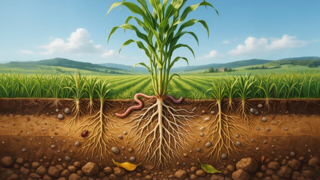Cross section of corn plant with roots and soil layers in a field