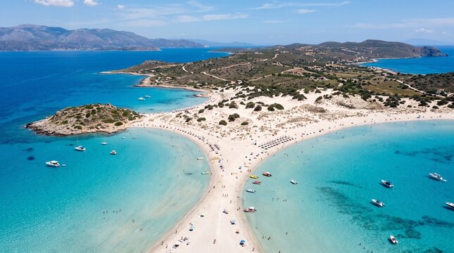 Stunning aerial view of Simos Beach on Elafonisos island in Greece, showcasing a unique double-sided sandy tombolo coastline surrounded by vibrant turquoise Ionian Sea waters and rocky cliffs.