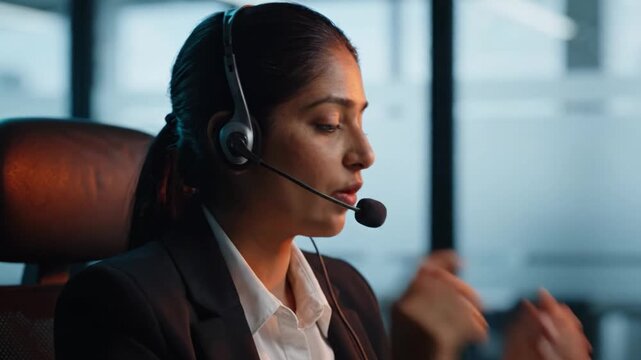 Focused Professional Engaged in Client Communication in Modern Office Environment Featuring Headset and Clear Concentration on Task at Hand