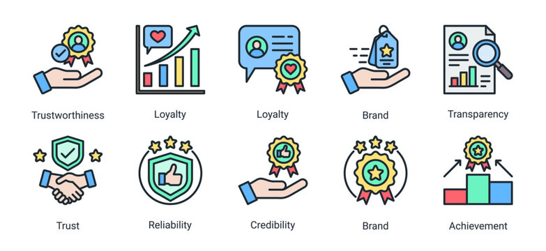 Comprehensive Brand Trust icon set featuring trustworthiness, credibility, reliability, transparency, customer loyalty, and branding concepts.