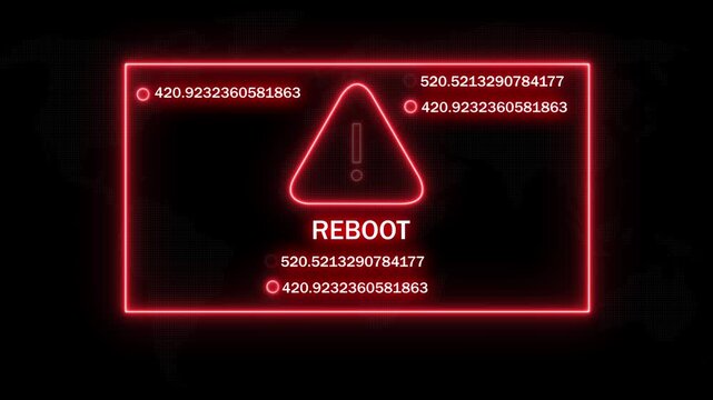 Neon red digital reboot warning interface with flashing alert triangle and rapidly changing data streams for cyber security, system error notifications, and futuristic technology motion